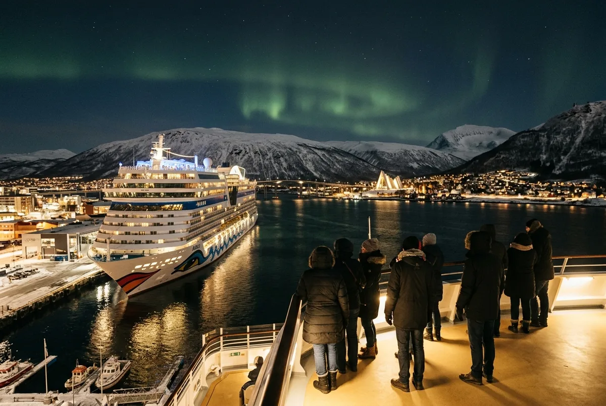 Barco de cruzeiro noturno navegando pelo fiorde escuro perto de Tromso com aurora boreal verde brilhante refletida na água fria e viajantes agasalhados observando do convés, cena de cruzeiro noruega aurora boreal