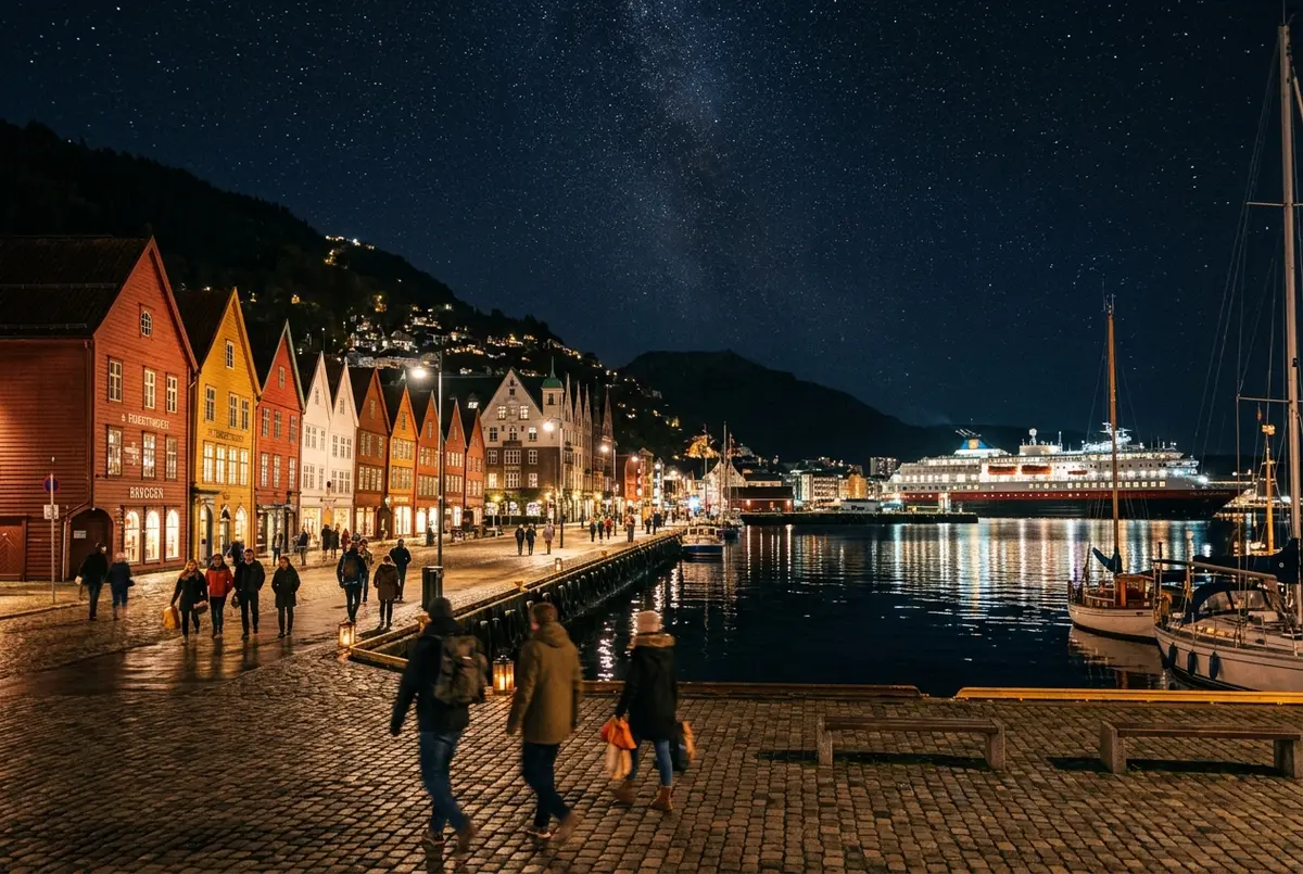 Nachtzicht op de kleurrijke houten huizen van Bryggen in Bergen met een zwakke, nauwelijks zichtbare aurora gloed hoog boven de fjord, noorderlicht bergen noorwegen realiteitscheck