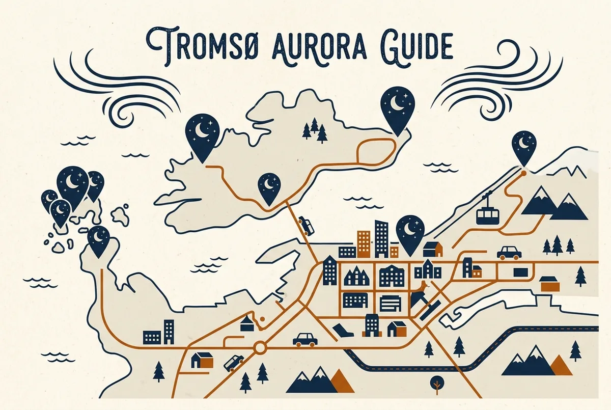 Simple map graphic showing Tromso city centre, the Fjellheisen cable car, Kvaloya island and Sommaroy marked with dark-sky icons, best places to watch the aurora borealis around Tromso concept, generic labels only