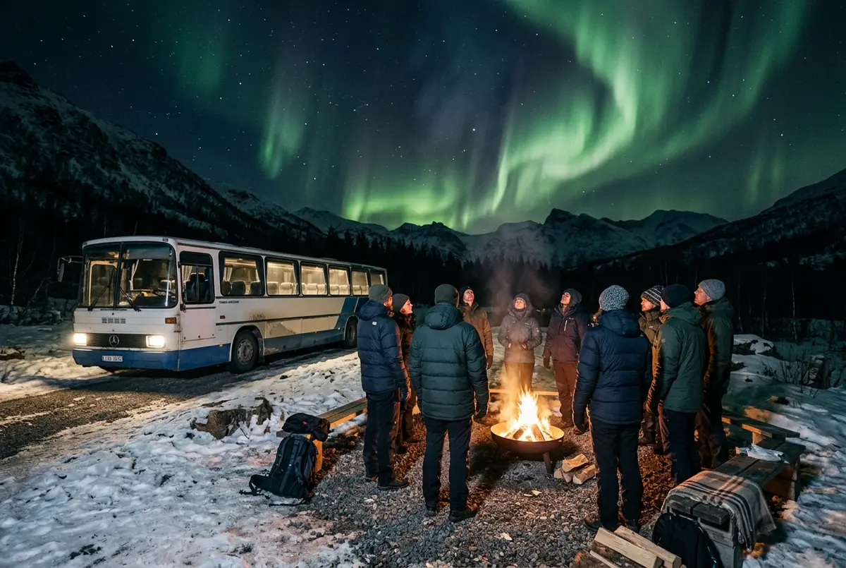 Autobús económico de caza de auroras boreales aparcado junto a una hoguera modesta con viajeros abrigados esperando el cielo cerca de Tromso, escena de precio de un tour de auroras boreales