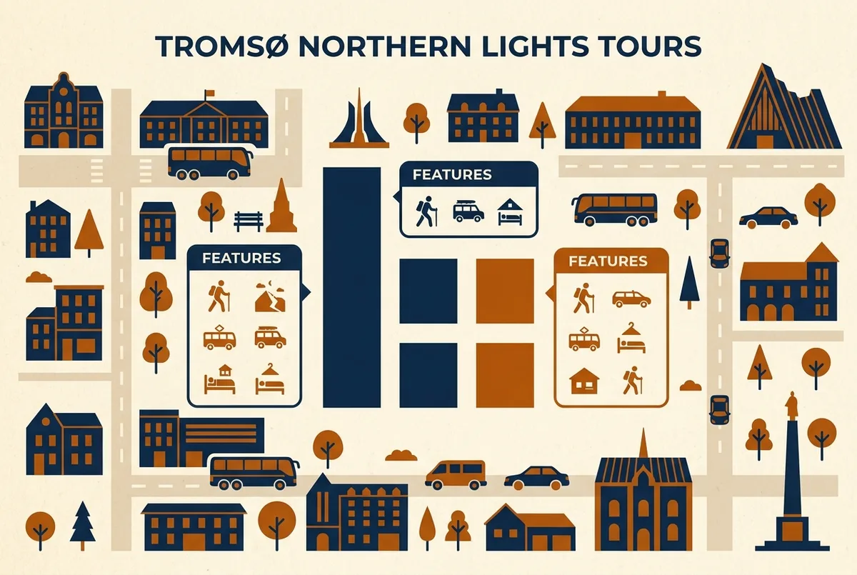 Infografía sencilla de barras comparando tres niveles de precio de tours de auroras boreales con etiquetas de características junto a cada barra, concepto de precio de un tour de auroras boreales en Tromso, solo etiquetas genéricas