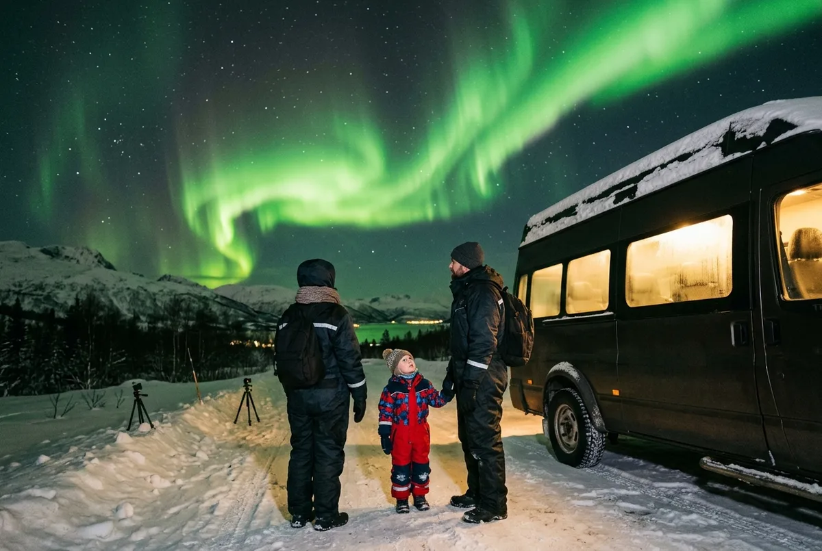 Parents and a young child in thermal suits watching a green aurora borealis from beside a heated minibus near Tromso, northern lights tour with kids scene