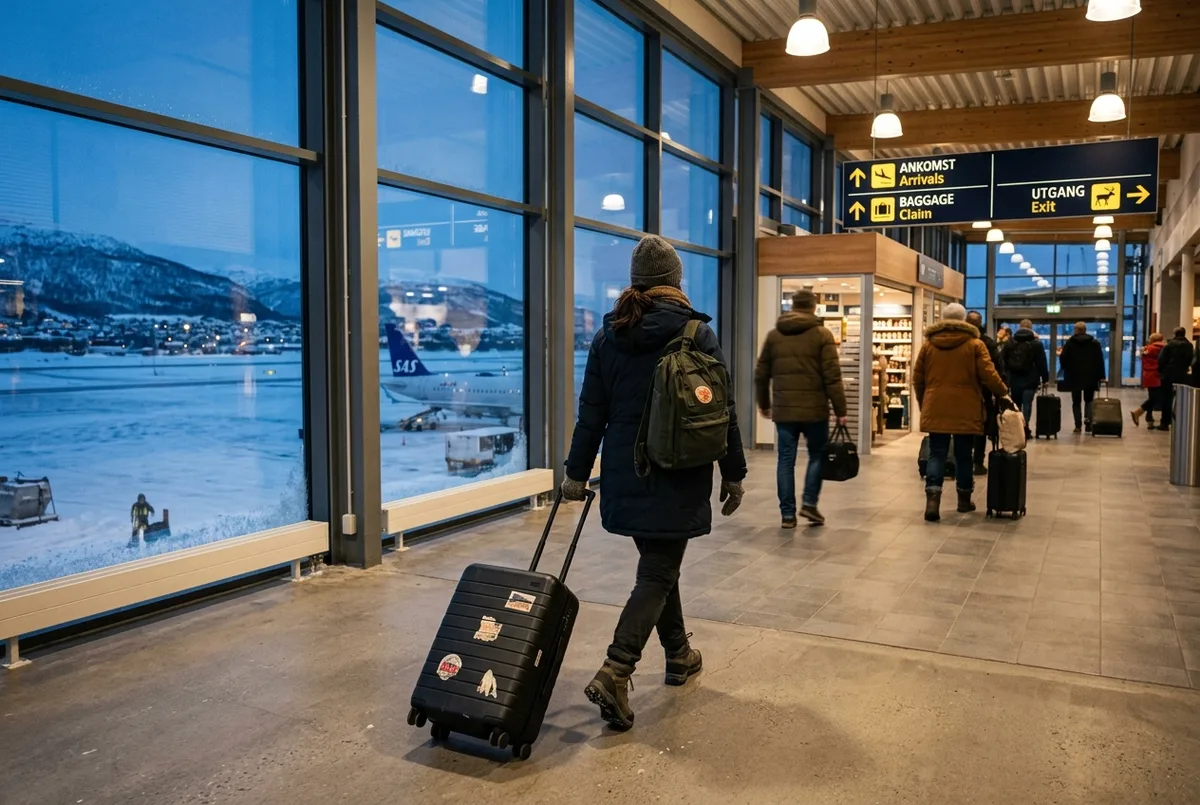 Traveler with a rolling suitcase walking through Tromso Airport arrivals at dusk with snow visible through the terminal windows, getting to tromso for the northern lights