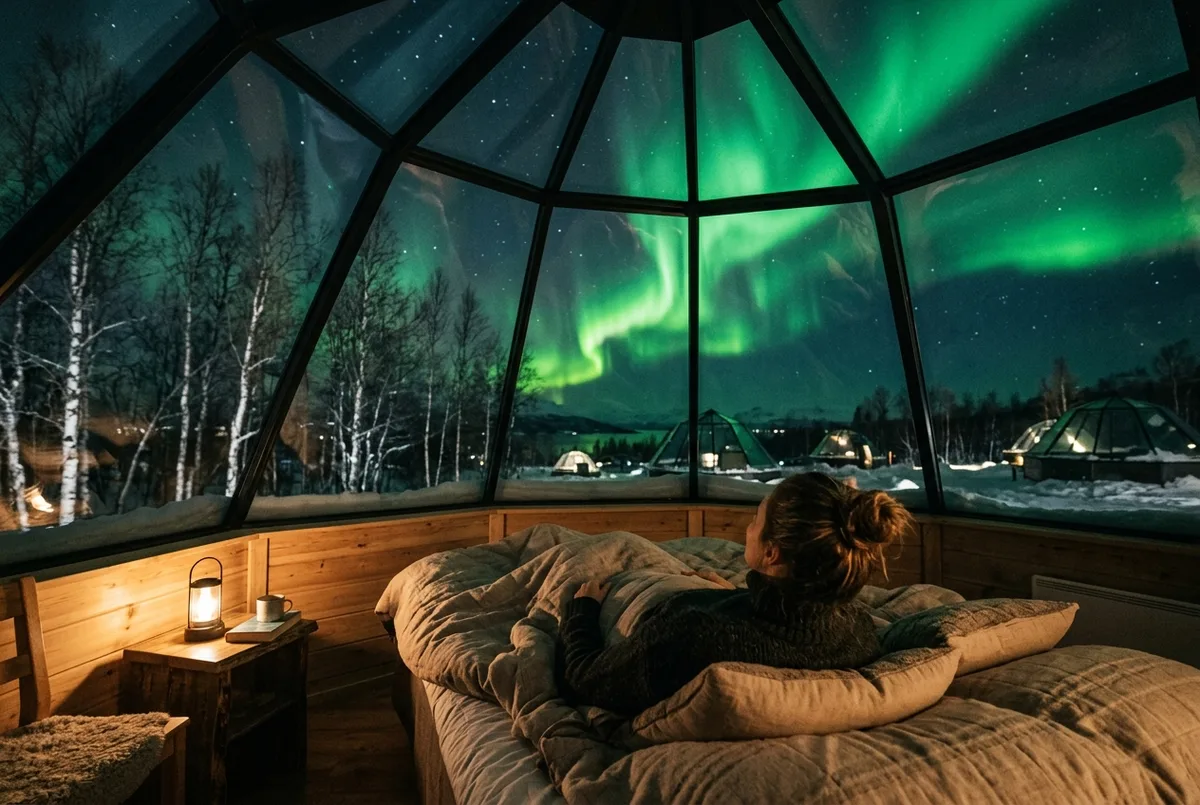 Traveler lying in bed inside a glass-roof cabin in a snowy Norwegian landscape watching a green aurora borealis through the curved glass ceiling, glass igloos tromso scene