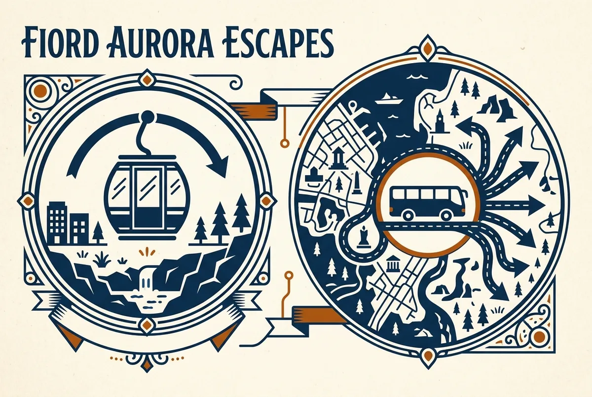 Simple diagram comparing a glass cabin icon with one fixed sky view against a tour bus icon with several route arrows fanning out across a fjord map, glass igloos tromso versus a mobile chase tour concept, generic labels only