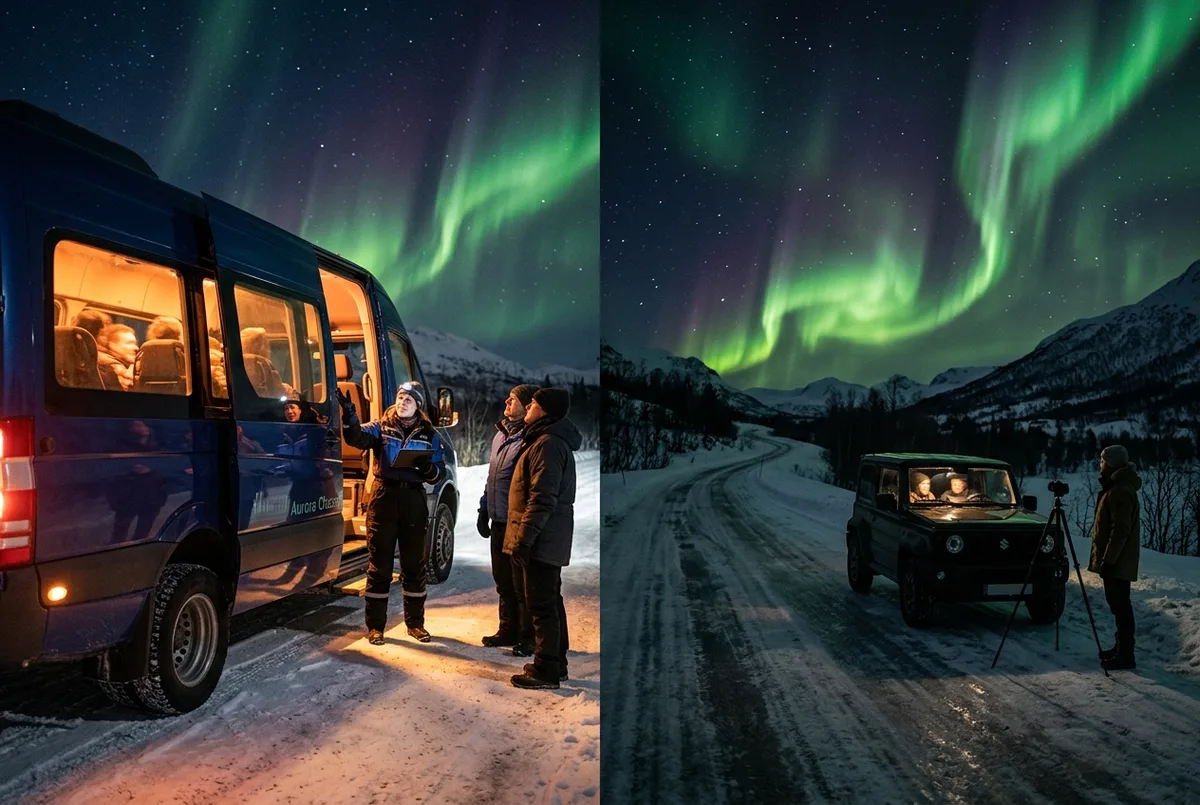 Split scene of a heated aurora tour minibus with a guide beside it and a lone rental car parked on an icy Arctic road at night, northern lights guided tour vs self drive comparison