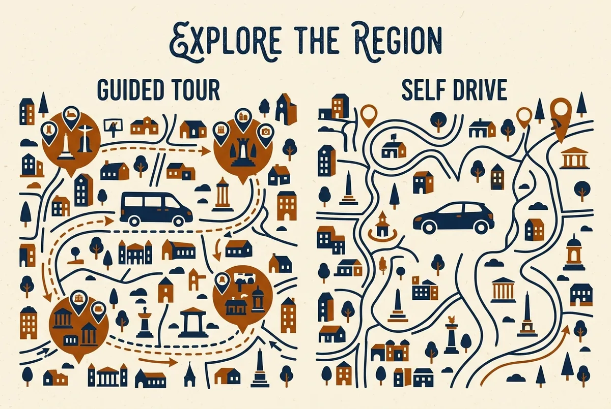 Simple comparison table icon showing a guided minibus route with multiple sighting markers beside a single fixed rental car icon, guided tour vs self drive concept, generic labels only