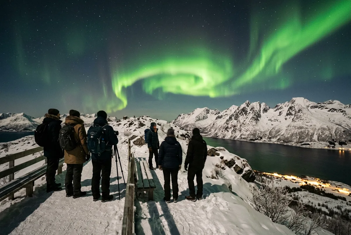 Small group of travelers watching a green aurora borealis display over snow-covered mountains near Tromso, Norway