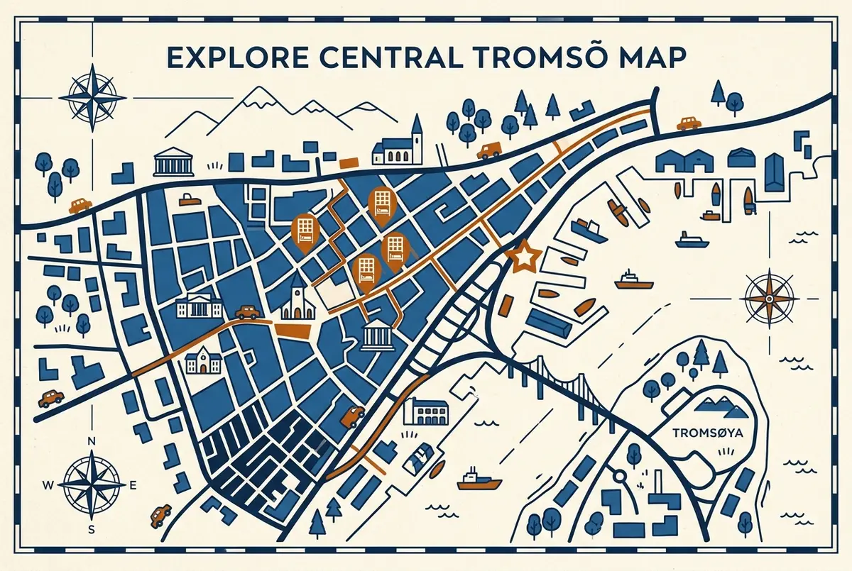 Simple map of central Tromso marking the harbour, the main tour meeting points and a cluster of walkable hotel locations including the Clarion Collection Hotel Aurora, hotel aurora tromso and nearby alternatives map, generic labels only