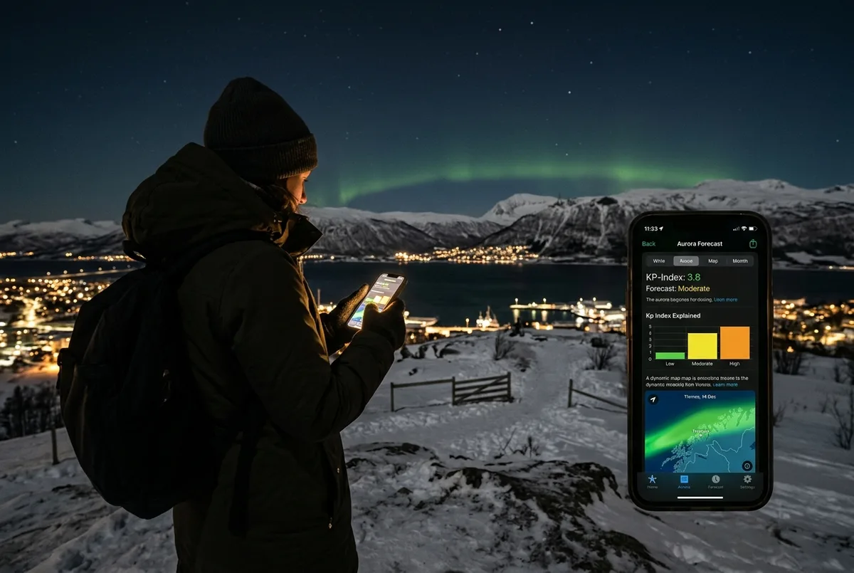 Traveler checking an aurora forecast app on a phone outdoors at night in Tromso with a faint green glow building on the horizon behind them, kp index explained scene