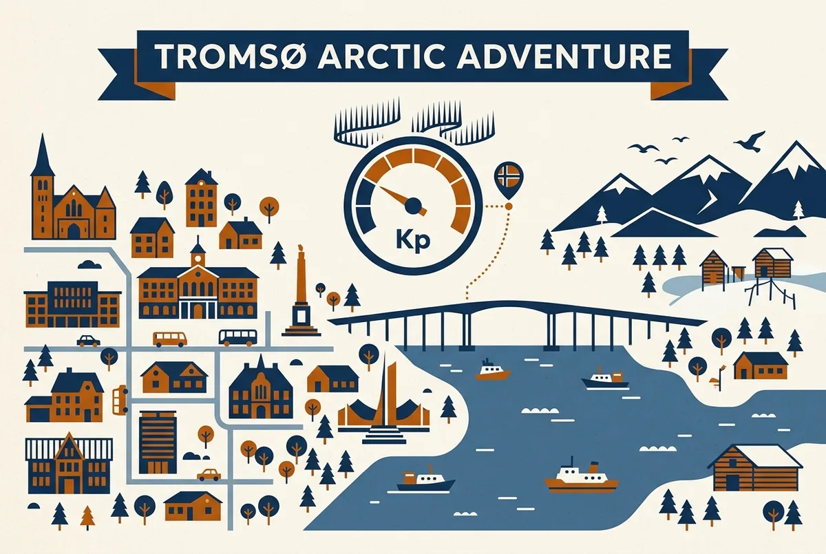 Simple gauge-style infographic showing a dial from 0 to 9 labeled Kp index with a needle pointing toward the low-to-moderate range and a small Tromso city marker beside it, kp index explained concept, generic labels only