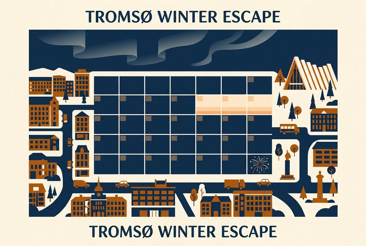 Infografica a calendario che mostra le poche ore di luce a dicembre a Tromso durante la notte polare, con un'icona di fuochi d'artificio sul 31 dicembre e un'icona di aurora boreale nel cielo scuro, concetto su capodanno a Tromso, solo etichette generiche