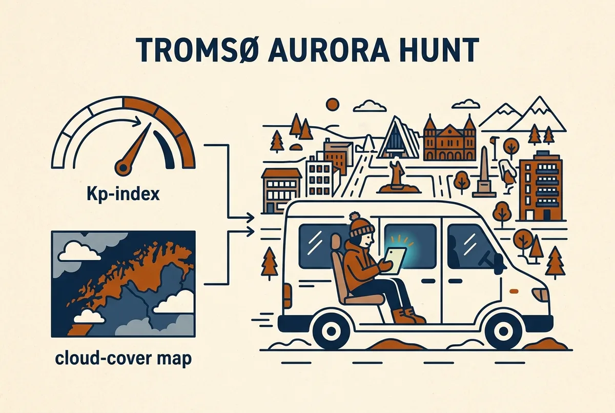 Einfache Infografik mit einer Kp-Index-Anzeige neben einem Wolkenkarten-Symbol, beide führen zu einem Guide, der ein Tablet im Minibus liest, Polarlichter Tromsø aktuell Entscheidungskonzept