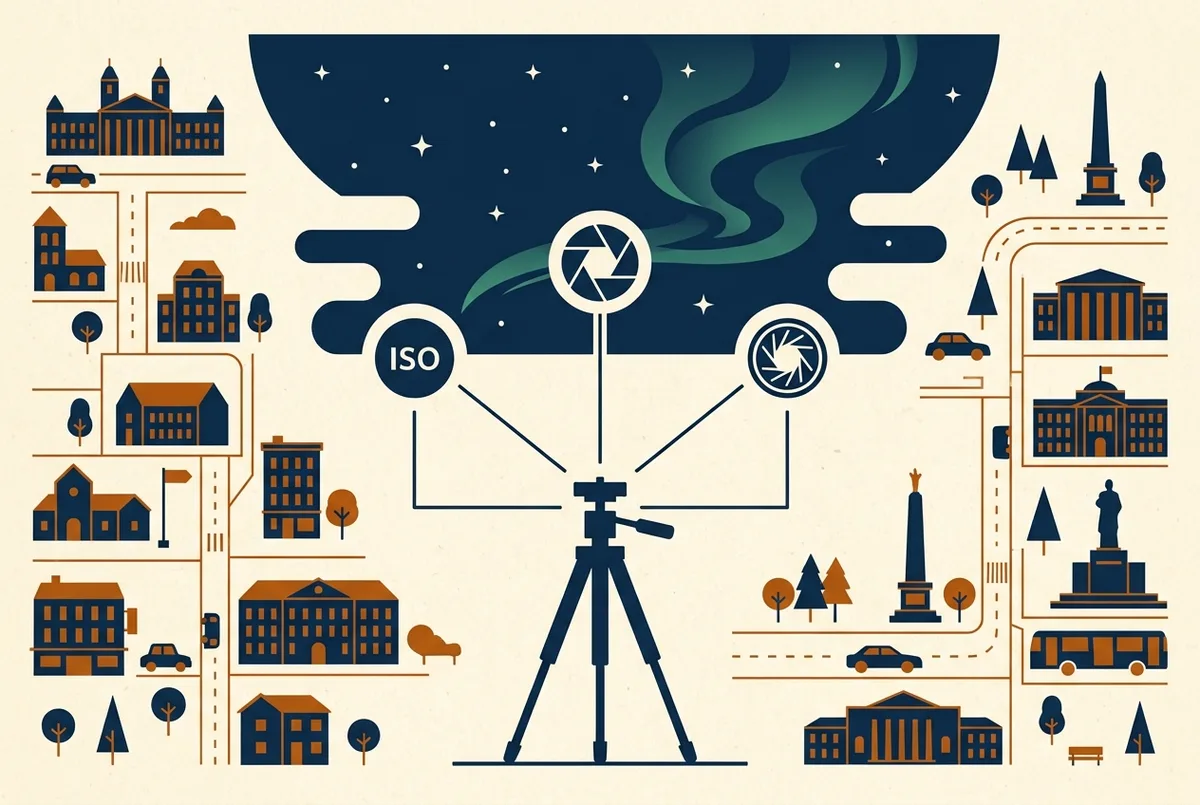 Simple diagram showing camera settings icons for ISO, aperture and shutter speed arranged around a tripod silhouette against a starry sky, northern lights camera settings concept, generic labels only