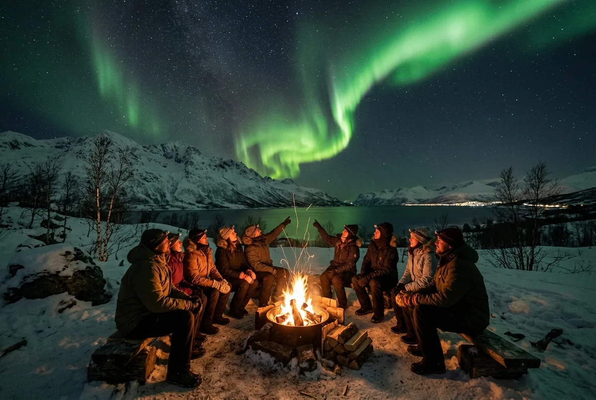 Small tour group gathered around a bonfire camp at night near Tromso watching a green aurora borealis build overhead, is a northern lights tour worth it scene