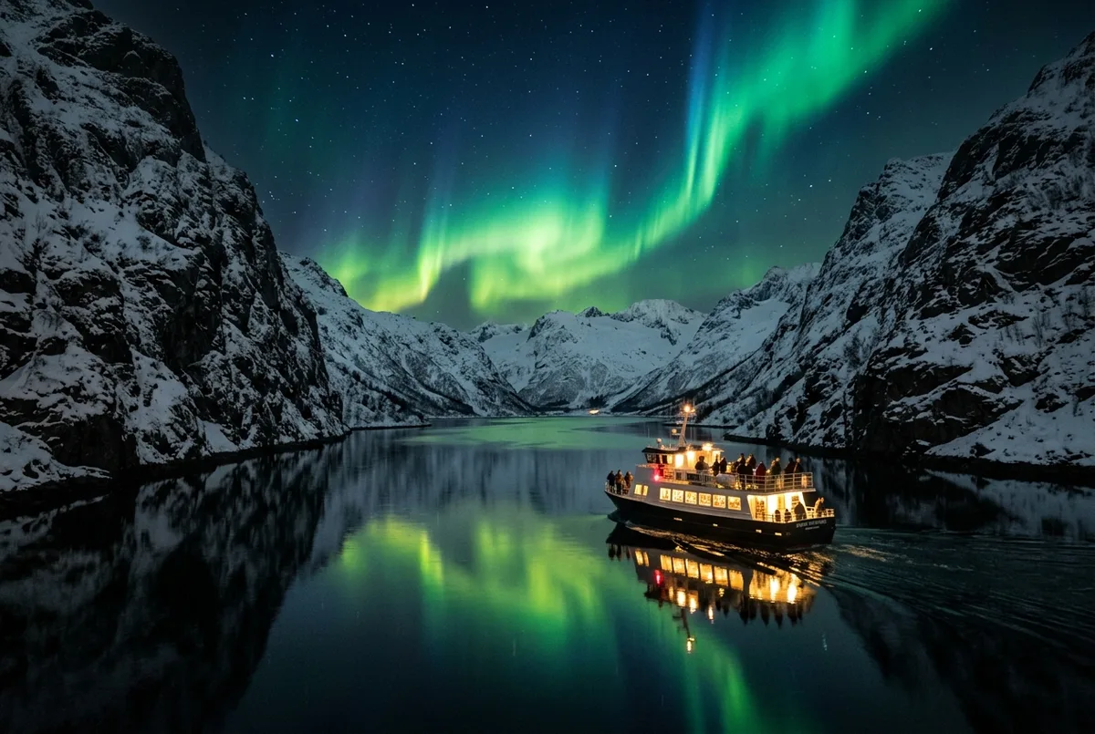 Barco turístico navegando de noche por un fiordo noruego estrecho con paredes rocosas nevadas a ambos lados, una aurora boreal verde reflejada en el agua tranquila, escena de aurora boreal en los fiordos noruegos