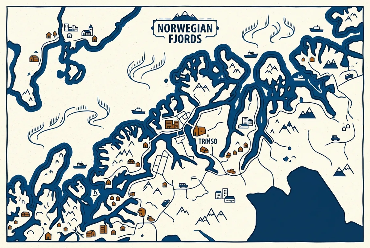 Mapa esquemático de la costa norte de Noruega mostrando Tromso rodeada de varios fiordos etiquetados con iconos genéricos de barco y montaña, ilustrando dónde ver la aurora boreal en los fiordos noruegos, solo etiquetas genéricas