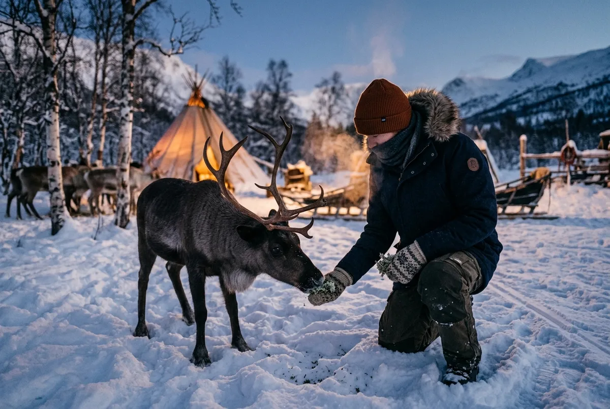 Traveler in warm winter layers hand-feeding a reindeer at a snowy Sami camp near Tromso at dusk, breath visible in the cold air, reindeer sledding tromso scene