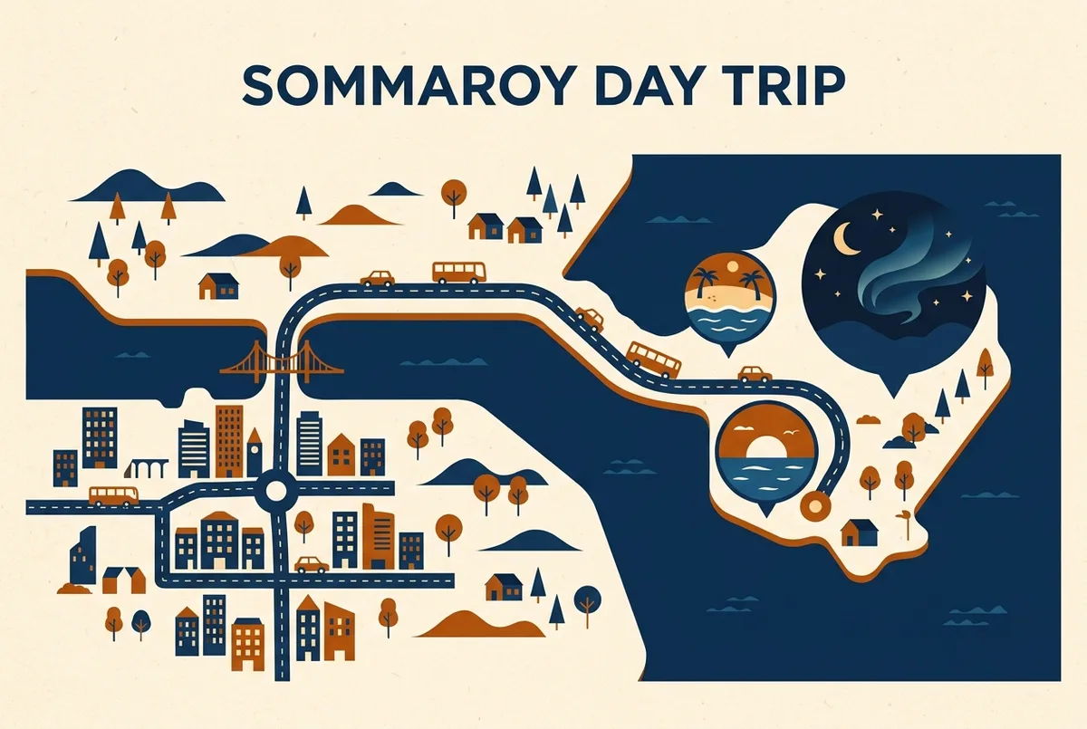 Simple route map showing central Tromso connected by a bridge road to Sommaroy island with a beach icon and a dark-sky icon marked, sommaroy northern lights day trip route concept, generic labels only