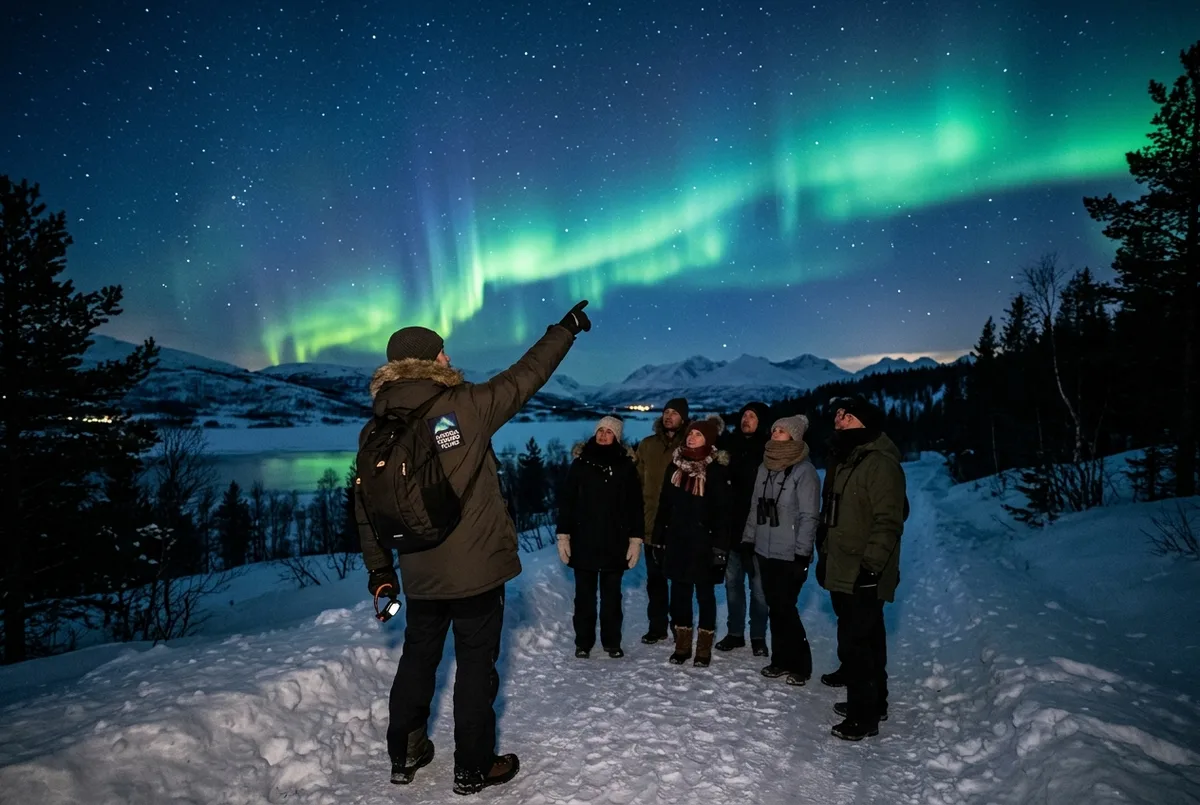 Guía turístico señalando el cielo nocturno a un pequeño grupo de viajeros hispanohablantes durante un tour de auroras boreales en Tromso, escena de excursiones Tromso en español