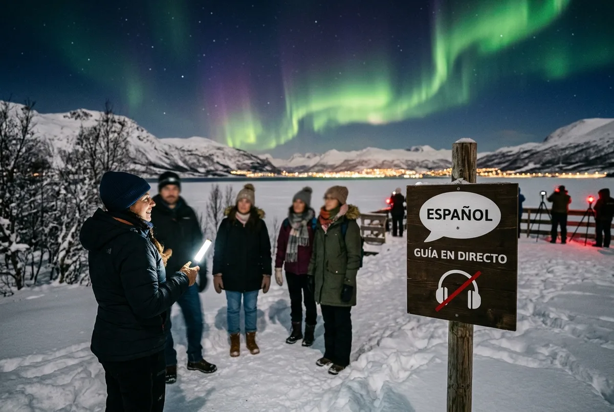 Icono de bocadillo de diálogo con las palabras Español y Guía en Directo junto a un icono de auriculares tachado, concepto de guía en español frente a audioguía en tours de auroras boreales en Tromso, solo etiquetas genéricas