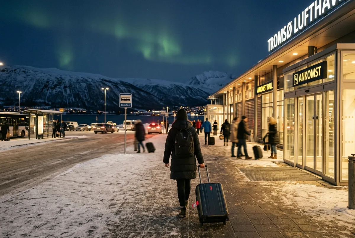 Rejsende med kuffert går ud af Tromsø Lufthavns ankomsthal om aftenen med et svagt nordlys synligt over bjergene, nordlys tog norge rejsescene