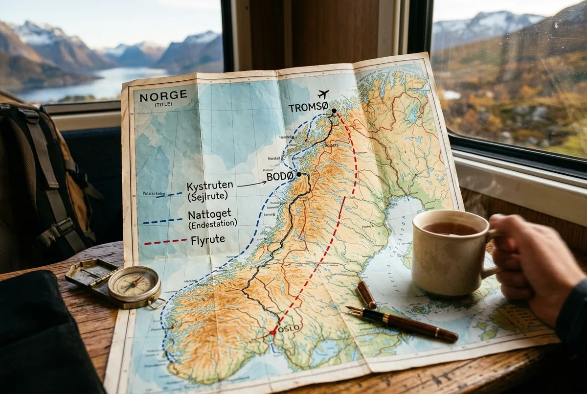 Kort over Norge med flyruten til Tromsø markeret ved siden af nattogets endestation i Bodø og kystrutens langsommere sejlrute, nordlys tog norge transportsammenligning