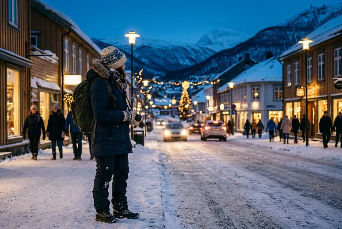 Traveler bundled in a thermal jacket and wool hat standing on a snowy Tromso street at midday during the polar night with dim blue twilight light, tromso winter weather in the polar night