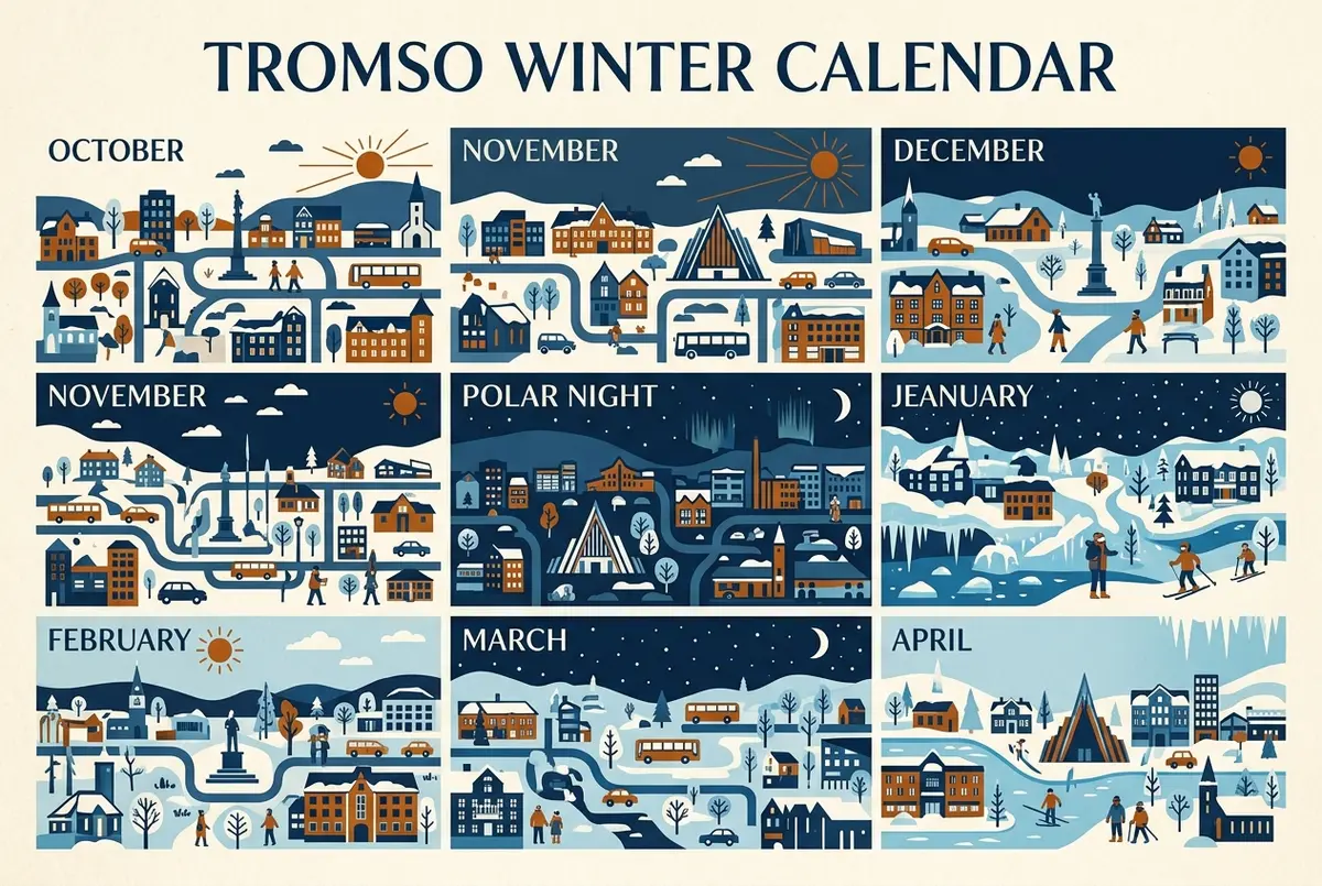 Simple infographic showing a Tromso winter calendar with daylight hours, the polar night window and typical temperature ranges marked month by month from October to April, tromso winter weather and daylight hours by month, generic labels only