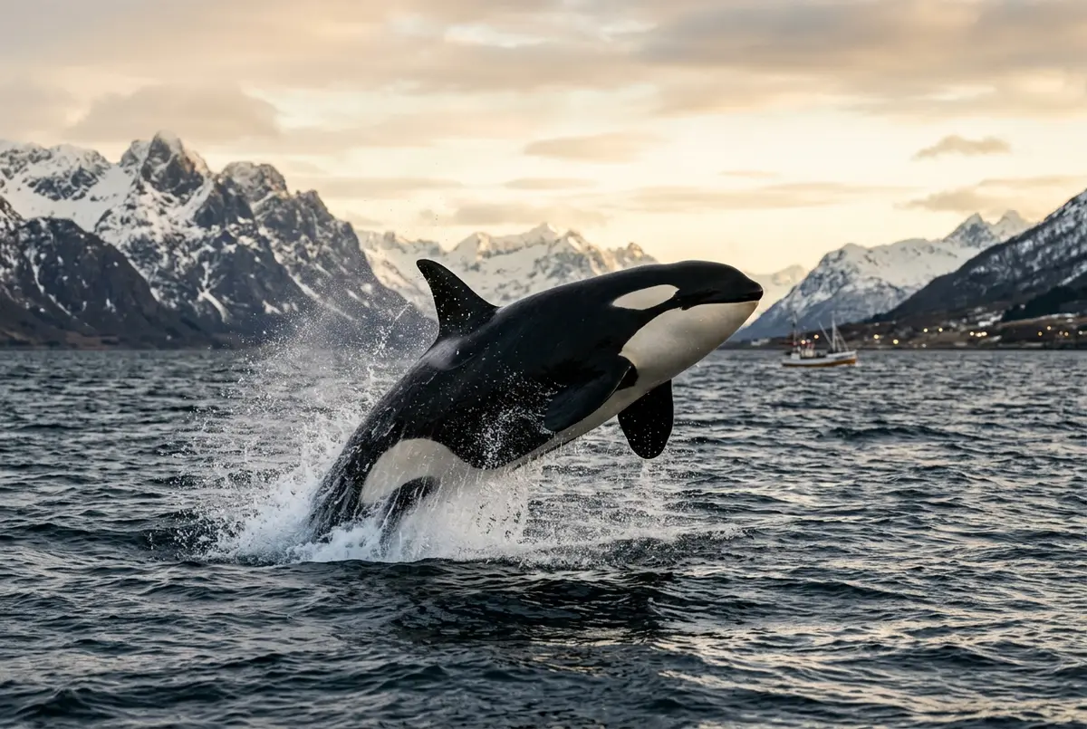 Orca che emerge dall'acqua scura di un fiordo vicino a Tromso in pieno giorno d'inverno, montagne innevate sullo sfondo, scena di un tour delle balene a Tromso