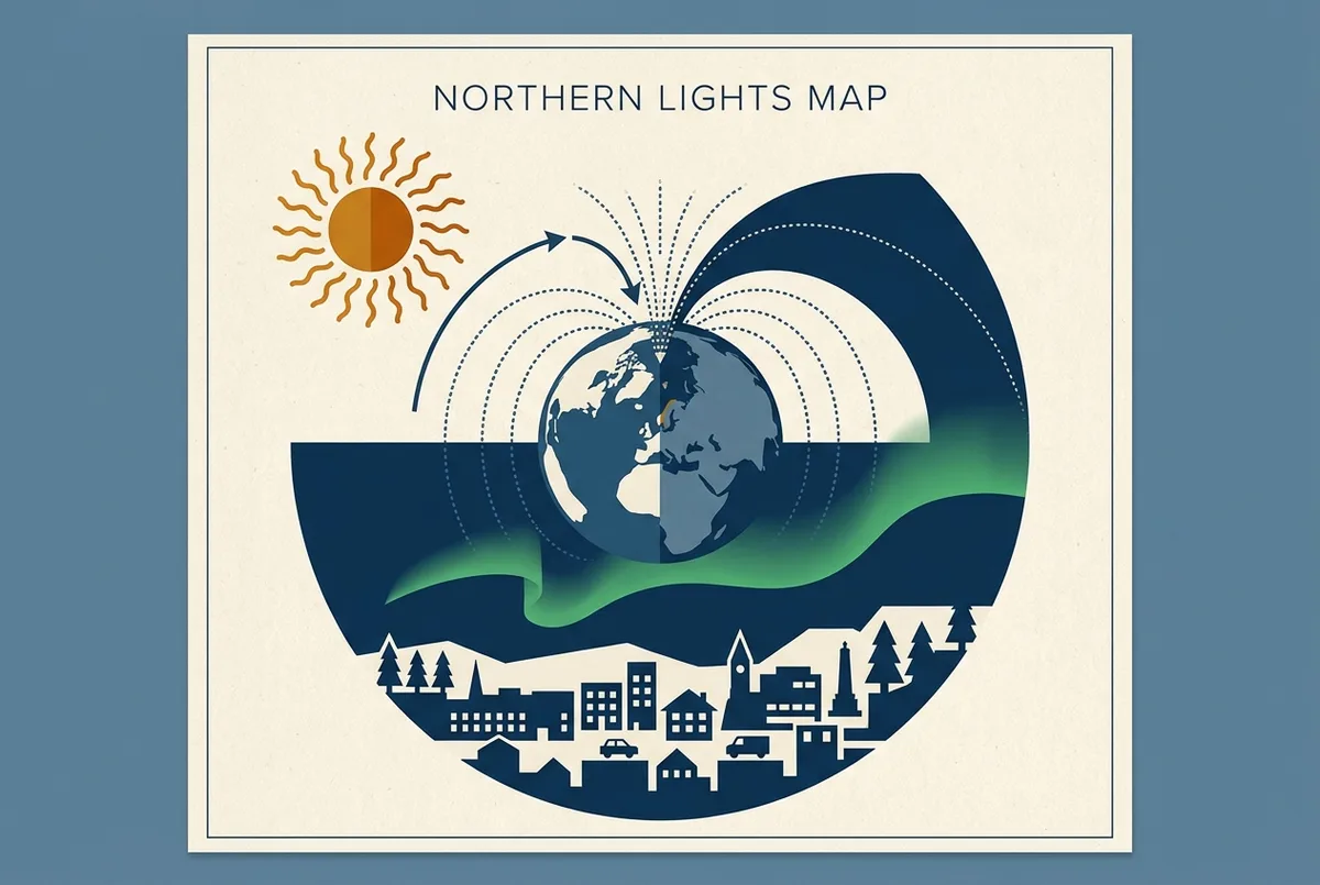 Simple diagram-style graphic showing the sun, a curved arrow representing the solar wind, Earth's magnetic field lines funneling toward the North Pole, and a green aurora glow above a Tromso silhouette, what causes the northern lights concept, generic labels only