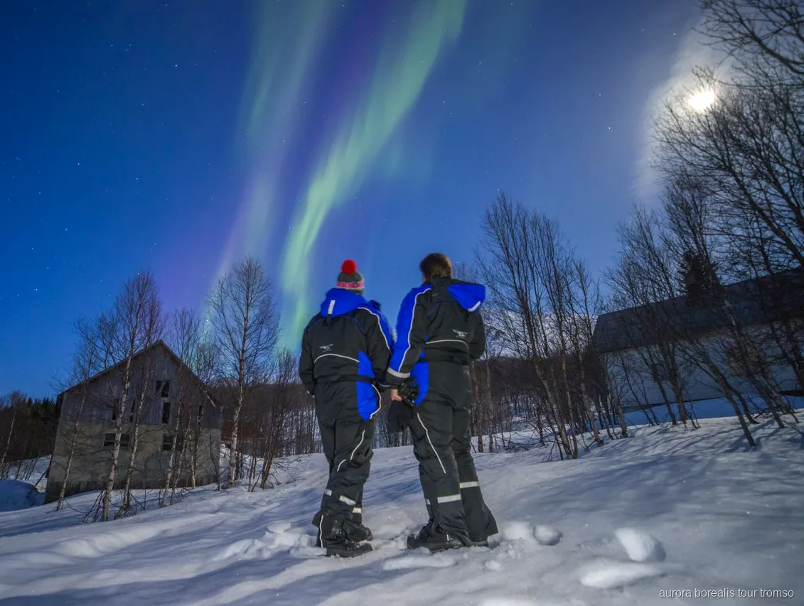 Aurora boreal vista desde el campamento del tour en autobús panorámico de Tromsø