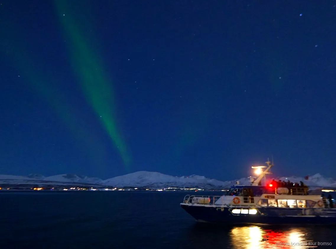 Aurore boréale au-dessus du fjord vue depuis le bateau de croisière de Tromsø